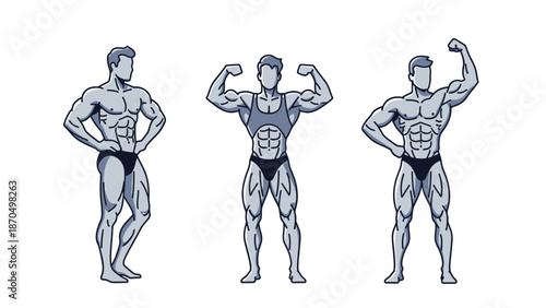 Three muscular male bodybuilders striking poses to showcase their physiques and muscle definition.