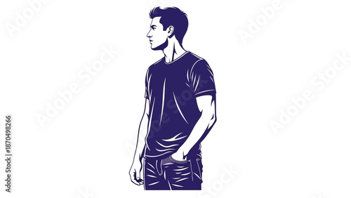 A stylized illustration of a young man in a dark blue t-shirt and jeans, looking to the left with his hand in his pocket.