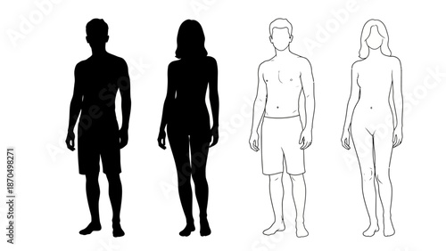 Silhouettes and outlines of a male and female figure standing side-by-side, showcasing body shapes.
