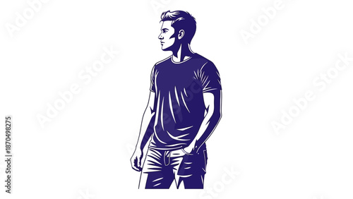 A stylized illustration of a young man in a t-shirt and shorts, looking to the side.