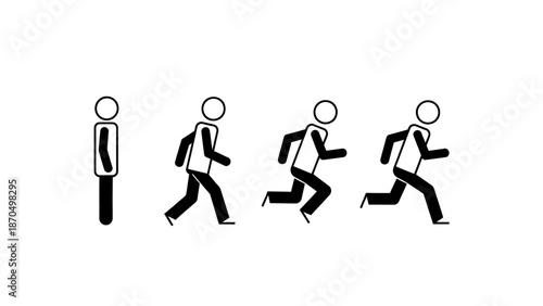 Sequence of stick figures illustrating the motion of running, starting from a standing pose.