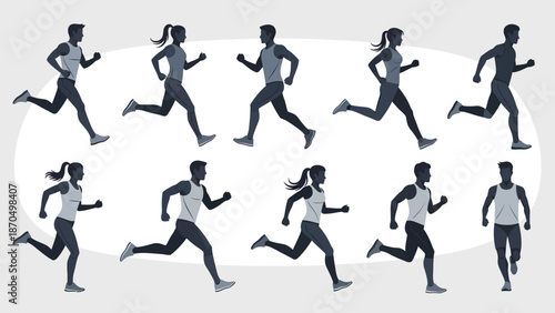Collection of silhouettes of men and women running in various dynamic poses, illustrating movement and athleticism.