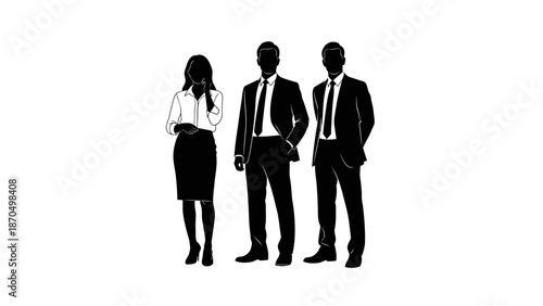 Three silhouetted figures in business attire, two men and one woman, standing against a white background.