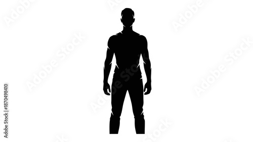 A silhouette of a man standing against a white background, showcasing his muscular physique and athletic build.