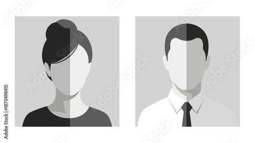 Two minimalist silhouette profile portraits, one female and one male, divided by light and shadow.