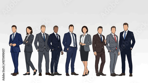 A diverse group of nine professionals in business attire standing together against a plain background.