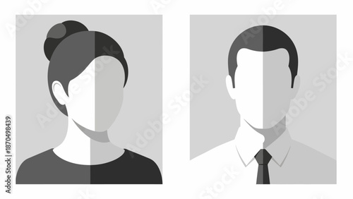 Two minimalist profile portraits, one female and one male, rendered in grayscale with stark shadow divisions.