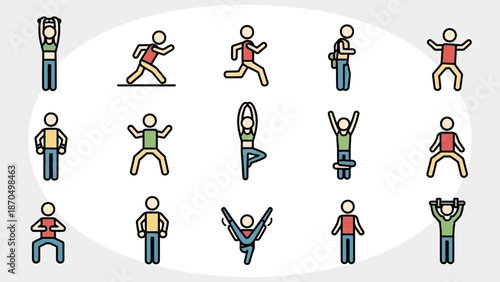 Collection of stylized human figures performing various physical exercises and yoga poses, presented in a clean, modern icon style.