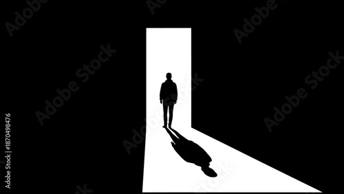 Silhouette of a person standing in a brightly lit doorway casting a long shadow.