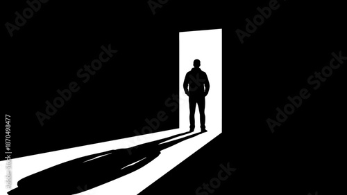 Silhouette of a man standing in a brightly lit doorway casting a long shadow.