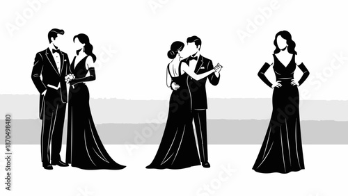 Elegant silhouettes of couples in formal attire dancing and posing at a glamorous event.