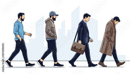 Four men in different attire walking in a line, representing a progression or evolution of style.