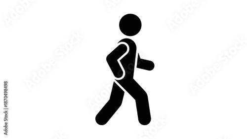 A simple black silhouette of a person walking, depicted as a stick figure with a rounded head and body, and articulated limbs.