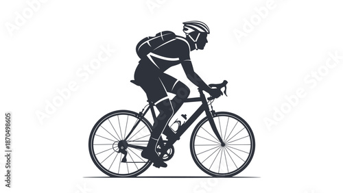 Silhouette of a cyclist wearing a helmet and backpack, riding a road bike.