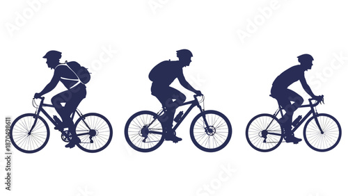 Three cyclists in silhouette, showcasing different cycling styles and gear, against a white background.