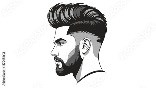 A stylish illustration of a man's haircut featuring a high fade and voluminous pompadour.