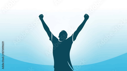 Silhouette of a person with arms raised in victory against a bright sky.