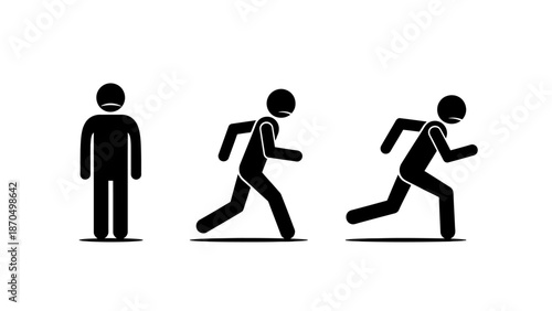 Three stick figures illustrating the progression from standing still to running.