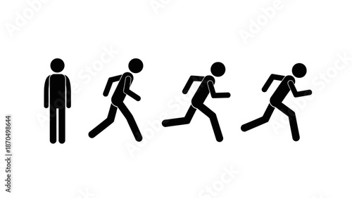 A sequence of stick figures illustrating the progression from standing still to running at full speed.