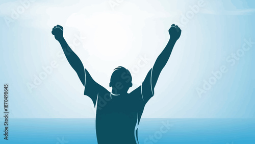 Silhouette of a triumphant person with arms raised in celebration against a bright sky.