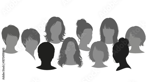 A diverse collection of hairstyles and silhouettes representing different hair types and styles.
