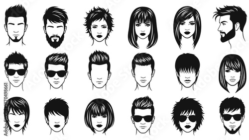 A collection of diverse hairstyles and facial hair styles for men and women, presented in a clean, graphic illustration.