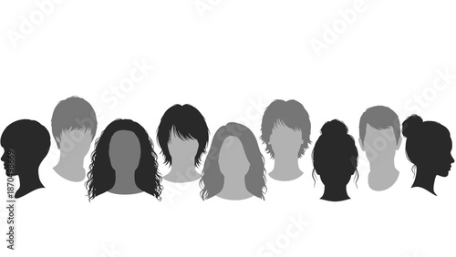 A diverse collection of silhouetted heads showcasing various hairstyles and genders against a white background.