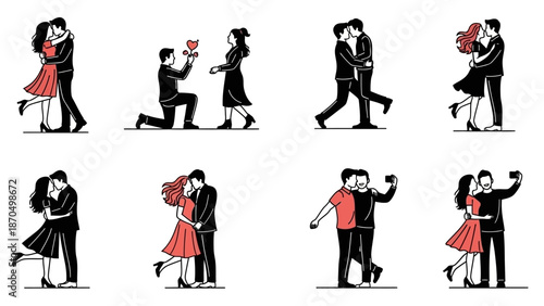 Collection of stylized illustrations depicting romantic couples in various affectionate poses and activities, including proposals, hugs, and selfies.