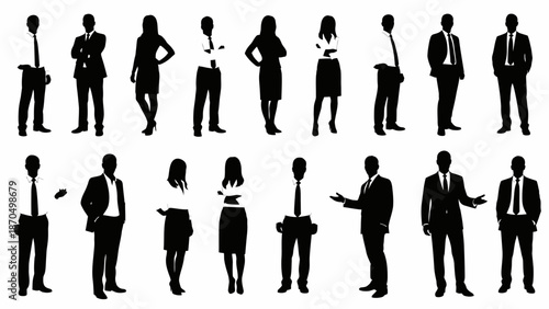 A collection of diverse business people silhouettes standing in various poses, representing a professional workforce.