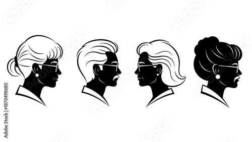 Silhouettes of four individuals, two men and two women, wearing glasses and styled hair, depicted in profile.