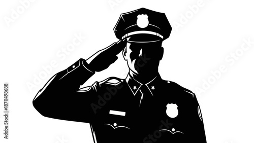 A black and white silhouette of a police officer in uniform saluting.