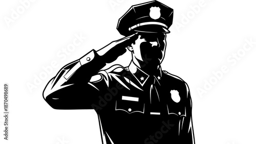 A black and white illustration of a police officer in uniform saluting.