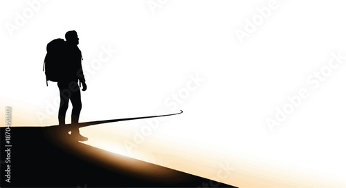 Silhouette of a lone hiker standing on a cliff edge, looking out at a bright horizon, symbolizing adventure and the unknown.