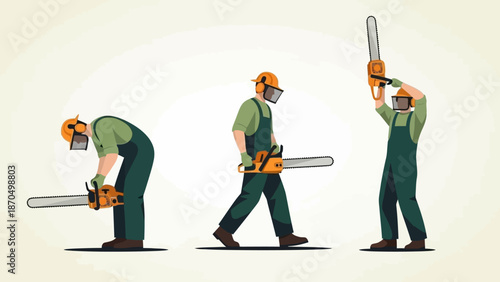 Illustration of a person demonstrating different safety stances and actions while operating a chainsaw, emphasizing protective gear.
