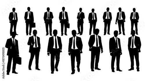 A collection of black silhouette figures of businessmen in various poses, standing and walking, some carrying briefcases.