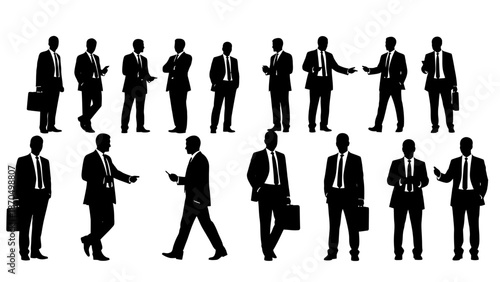 A collection of diverse silhouette illustrations of businessmen in various poses and actions, showcasing professional attire and business scenarios.