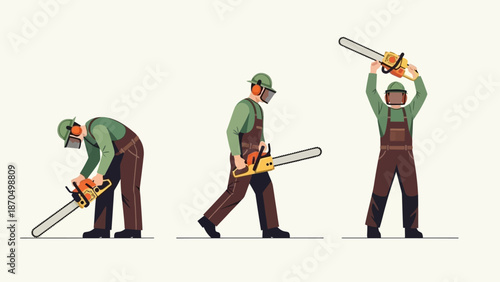 Three illustrations of a person in protective gear operating a chainsaw in different positions: bending, walking, and holding it overhead.