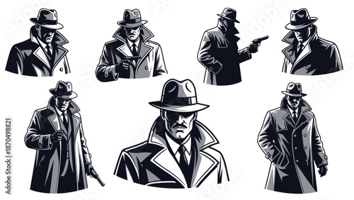 Collection of stylized illustrations of men in trench coats and fedora hats, some holding pistols, evoking a noir detective or gangster aesthetic.