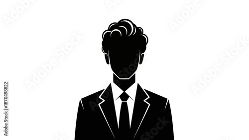 Silhouette of a man in a suit and tie with curly hair, depicted in a stark black and white illustration.