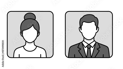 Two simple, stylized profile icons representing a woman with her hair in a bun and a man in a suit and tie.