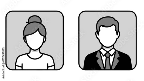 Two stylized profile icons, one of a woman with her hair in a bun and the other of a man in a suit and tie, representing user profiles or avatars.
