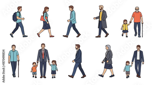 A diverse collection of people of various ages and genders walking in different directions, some accompanied by children.