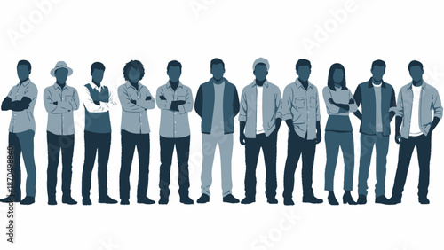 A diverse group of men and women standing together in a line, depicted in a stylized, monochromatic illustration.