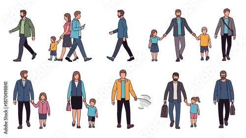 A collection of diverse people, including families with children, walking and interacting in various scenarios.