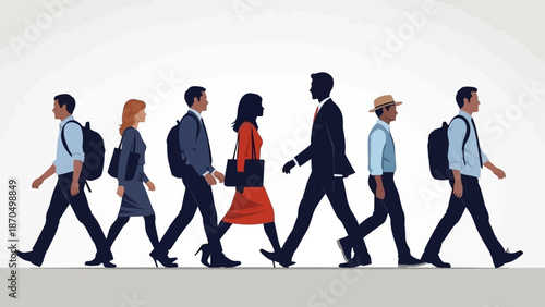 A diverse group of business professionals walking in a line, showcasing different styles and backgrounds.