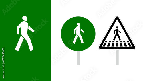 Three different pedestrian crossing symbols are displayed on a green and white background.