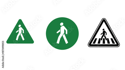 Three different pedestrian crossing signs, including a green triangle, a green circle, and a black and white triangle with zebra stripes.