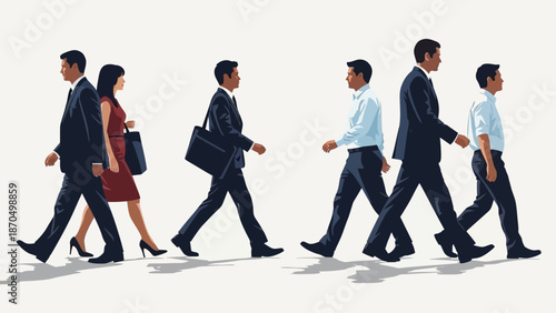 A diverse group of business professionals walking in opposite directions, symbolizing different career paths and progress.