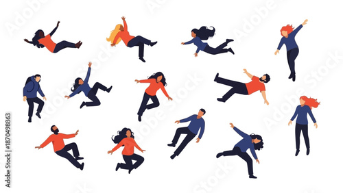 A diverse group of people in various dynamic poses, appearing to float or fall against a white background.