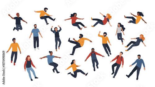 A diverse group of people in various dynamic poses, illustrating movement and activity.